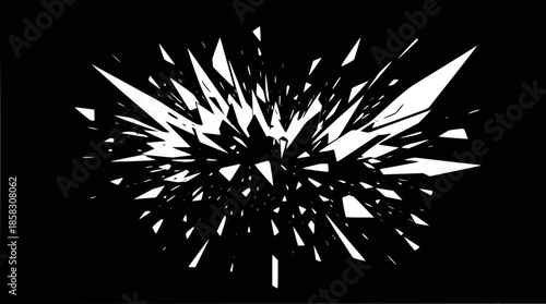 White shattered fragments exploding outwards against a stark black background, creating a dynamic abstract effect.