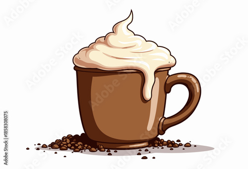 A Delicious Cup of Creamy Frothy Coffee with a Swirl of Whipped Cream Topping, Accompanied by a Scattering of Aromatic Ground Coffee Beans on a White Background