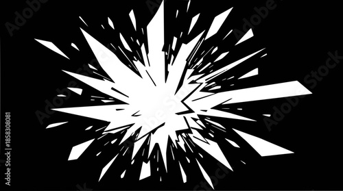 White shattered glass effect on a black background, creating an abstract explosion of sharp fragments.