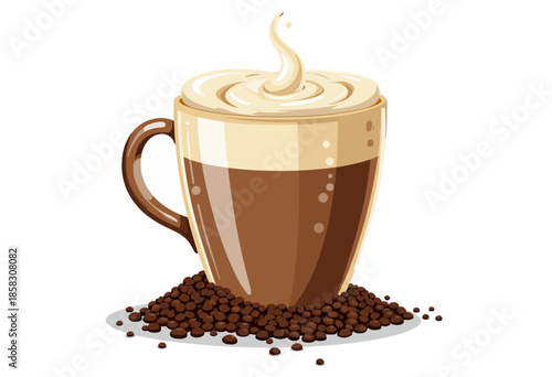 Illustration of a steaming cup of coffee with frothy cream on top, surrounded by scattered coffee beans on a pristine white background