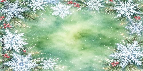 Festive Christmas background featuring green fir and pine tree branches adorned with gold ball ornaments and a star decoration for a merry holiday celebration