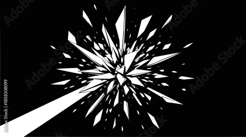 Abstract graphic illustration of a white explosion with sharp geometric fragments shattering on a black background, with a white beam.