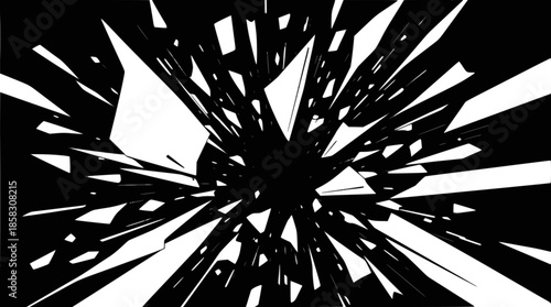 Abstract black and white image with sharp geometric shapes radiating outwards from a central point, creating a shattered or explosive effect.