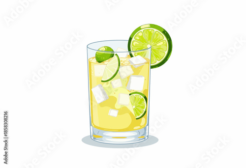 Refreshing Citrus Beverage with Ice Cubes and Lime Garnish in a Glass for a Cool Summer Drink