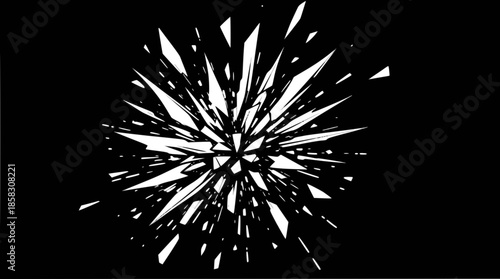 Abstract white shattered glass explosion on a black background, dynamic burst effect.