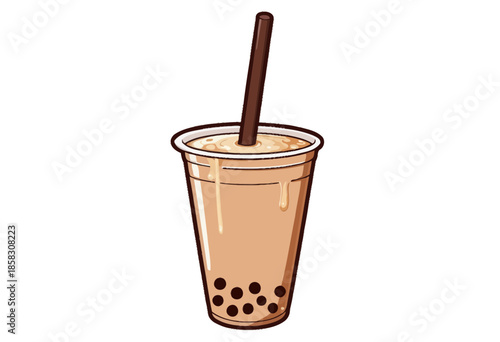 Illustration of Creamy Bubble Tea with Tapioca Pearls in a Plastic Cup with a Thick Straw Against a Clean White Background