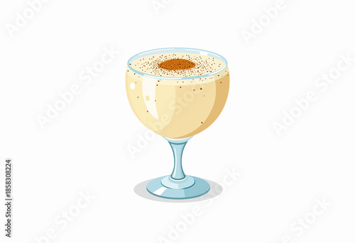 Illustration of a creamy and frothy eggnog cocktail served in a classic ornate glass, garnished with a sprinkle of spices for holiday celebrations