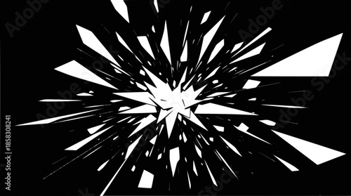 Abstract graphic of white sharp fragments exploding outwards on a black background.
