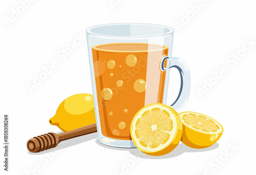 Vibrant illustration of a refreshing glass of fizzy lemon honey beverage with fresh lemon slices and a wooden honey dipper, perfect for a invigorating summer drink