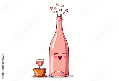 Smiling cartoon bottle with bubbly pink beverage and a small glass on a saucer, illustrating a joyful and playful depiction of fizzy drink celebration.