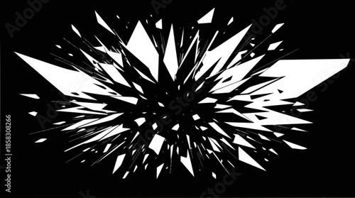 Abstract black and white image depicting an explosive burst of sharp, geometric white shards against a dark background, suggesting fragmentation or impact.