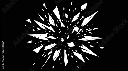 White sharp fragments exploding outwards on a black background, creating a dynamic shattered effect.