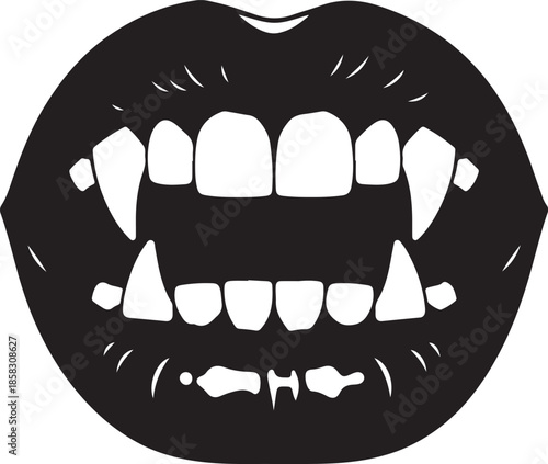 Black and white of a vampire mouth with sharp fangs and irregular lower teeth on a white background Keywords: vampire mouth, fangs, teeth, sharp