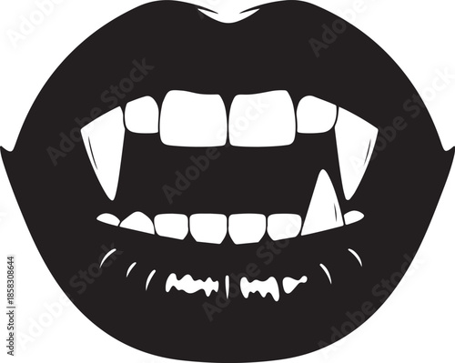 Black and white of a vampire mouth with sharp fangs and jagged lower teeth on a white background Keywords: vampire mouth, fangs, teeth, sharp
