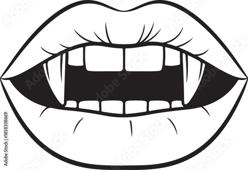 Black and white of a vampire mouth with prominent fangs and normal upper teeth on a white background Keywords: vampire mouth, fangs, teeth, sharp