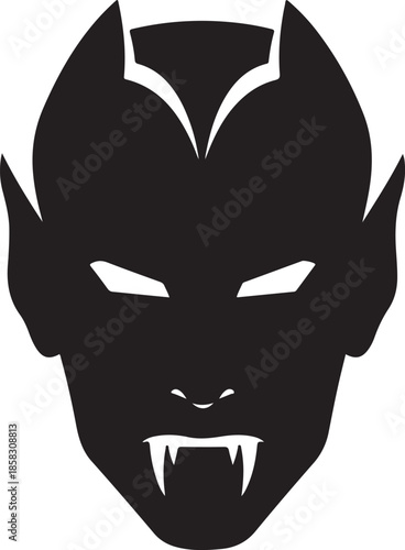 Black silhouette of a vampire face with sharp fangs pointed ears and glowing white eyes Keywords: vampire, Dracula, monster, creature, horror