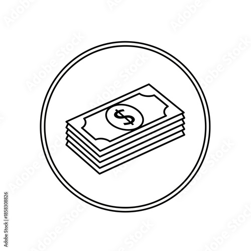 Simple Line Drawing of a Stack of Dollar Bills Within a Circular Frame