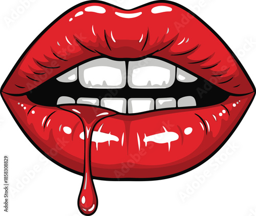 Close up of glossy red lips with a drop of red liquid dripping from the lower lip against a white background Keywords: lips, mouth, red, glossy