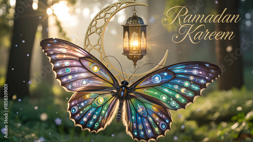 Ramadan Kareem celebration with colorful butterfly and lantern