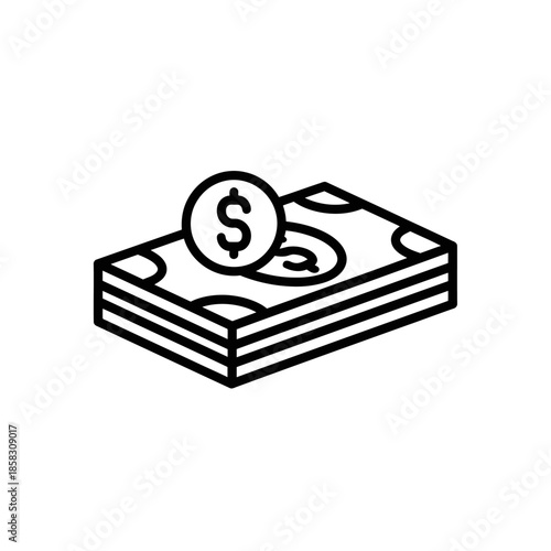 Simple Line Icon of Money Stack with Coin and Dollar Sign