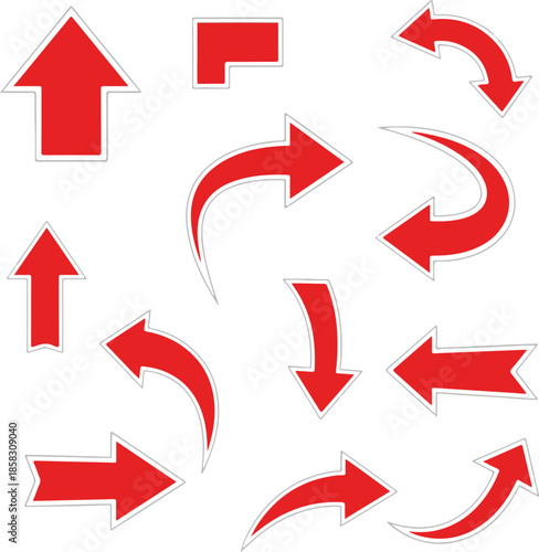 Collection of red directional arrows with white outlines and subtle grey shadows on a clean white background Keywords: red arrows, directional