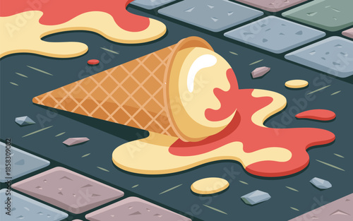 A dropped ice cream cone lies melting on the ground, viewed from above on a brick-paved surface.