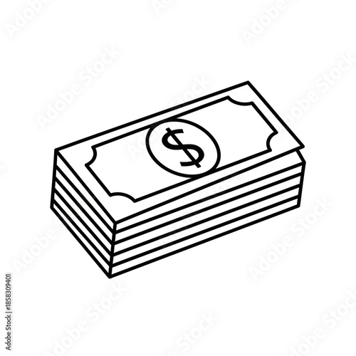 Stack of Currency Bills in Black and White Line Art Illustration for Financial and Economic Concepts