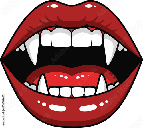 Open red lips with sharp white vampire fangs and teeth showing against a black interior on a white background