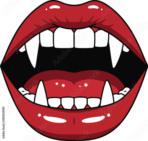 Open red lips with sharp white vampire fangs and teeth showing against a black interior on a white background