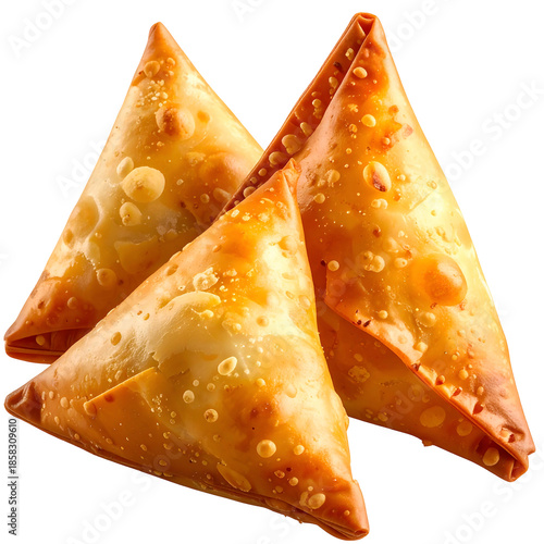 Golden-brown, triangular pastries, crisped to perfection, inviting, savory appetizer