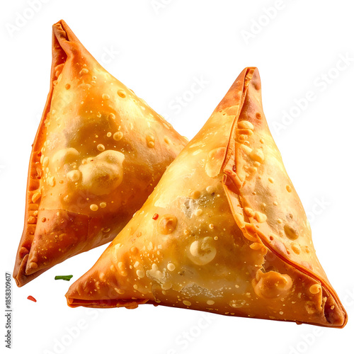 Two golden-brown, crispy triangular pastries, overlapping, with detailed textures