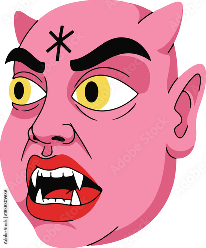 Pink devil face with yellow eyes, sharp teeth, red lips, black eyebrows, and a black symbol on its forehead