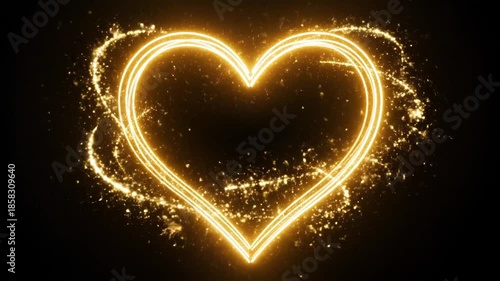 Golden neon light trail heart frame. Heart Shape with glowing light sparkles and glitter particles isolated on black background, empty space for text, chroma key VFX for overlay. Saint Valentine's day