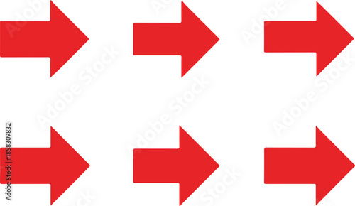Six identical bright red directional arrows pointing to the right arranged in two rows of three on a clean white background for directional