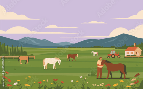 A person standing with a horse in a lush green meadow surrounded by other horses and a house in the background under a cloudy sky