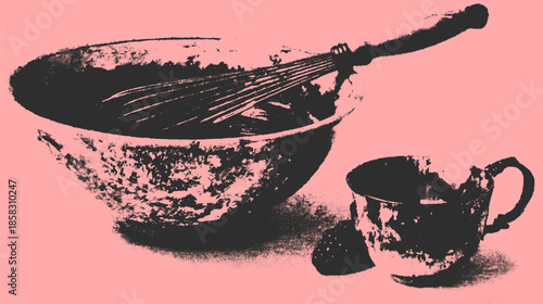 Bowl and whisk set in vintage style. Stainless kitchen tools for mixing in a modern kitchen vector illustration.