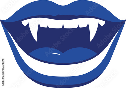 Vampire Lips with Sharp Fangs and Blue Lipstick Showing Teeth and Tongue on a White Background