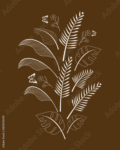 Nature-Inspired White Ink Style Foliage and Butterfly Graphic Design