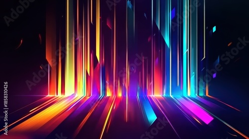 Futuristic abstract backdrop with glitch effects and vibrant neon hues, perfect for rave parties, music visuals, or sci-fi inspired projects.