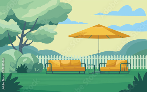 A serene outdoor setting featuring a white picket fence, orange furniture, and a large umbrella in a lush green garden viewed from a slight distance.