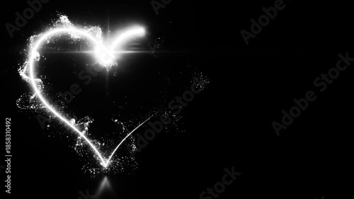 White neon light trail heart frame. Heart Shape with glowing light sparkles and glitter particles isolated on black background, Copy space for text, chroma key VFX for overlay. Saint Valentine's day