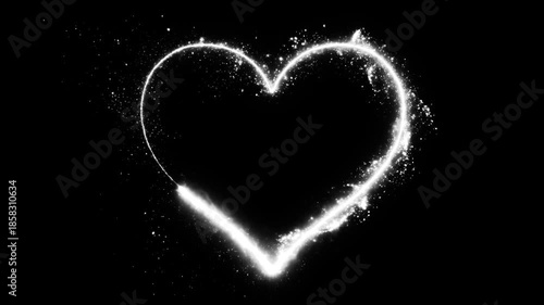 White neon light trail heart frame. Heart Shape with glowing light sparkles and glitter particles isolated on black background, empty space for text, chroma key VFX for overlay. Saint Valentine's day