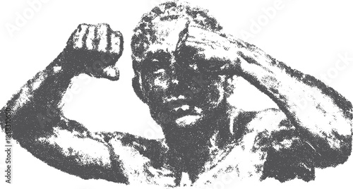 Muscle body illustration showcasing strength and fitness. Simple black and white vector illustration with a flexed pose.