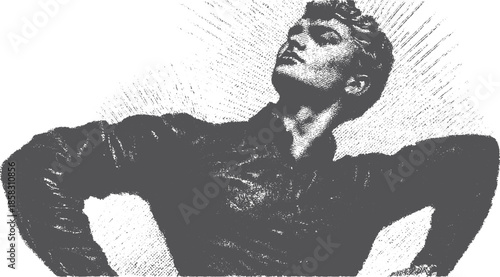 Man in a confident pose illustration, showcasing vintage style. A strong graphic representation in black and white texture, emphasizing elegance in this vector set.