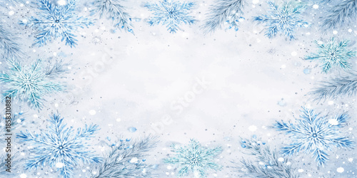 Blue Christmas background featuring a frozen winter pattern of snowflakes and frost ornaments on a vector holiday design frame for a seasonal Xmas celebration card