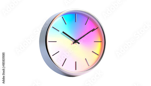 A round clock with a holographic face and a shiny, metallic frame against black