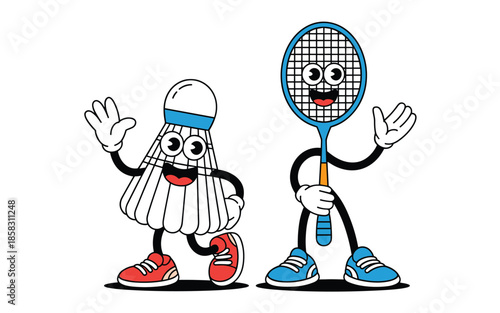 Cartoon characters of a shuttlecock and a badminton racket playing together