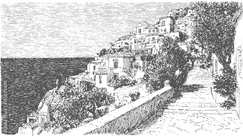 A village pathway leads to seafront buildings in a vintage style. The coastal scenery and architecture are captured in this vector illustration.