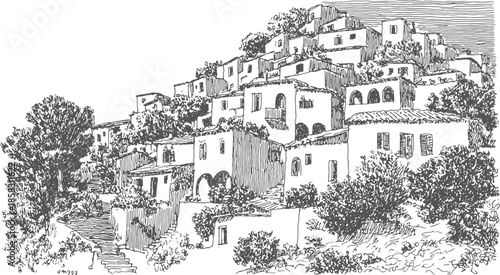 Village scene with houses on a slope. Detailed black and white vector illustration showcasing architecture and landscape in a tranquil setting.