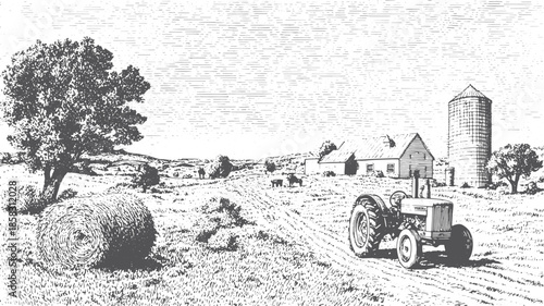 Tractor in a rural landscape with a barn and silo. Black and white vector illustration featuring hay, trees, and fields.